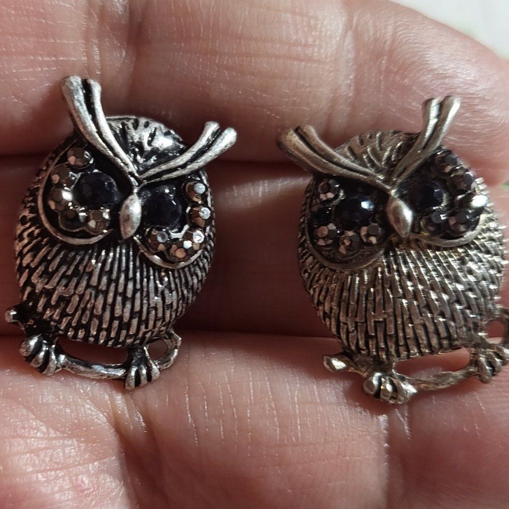 Vintage Oxidized Silver Black Rhinestone Owl Stud Earrings